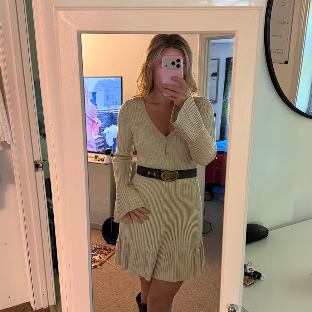 Anthropologie Cream Long Sleeve Dress with Belt